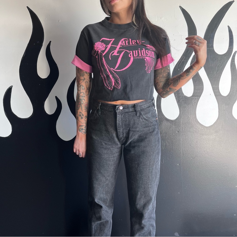 Harley-Davidson Black Crop Tee with Pink Logo and Trim